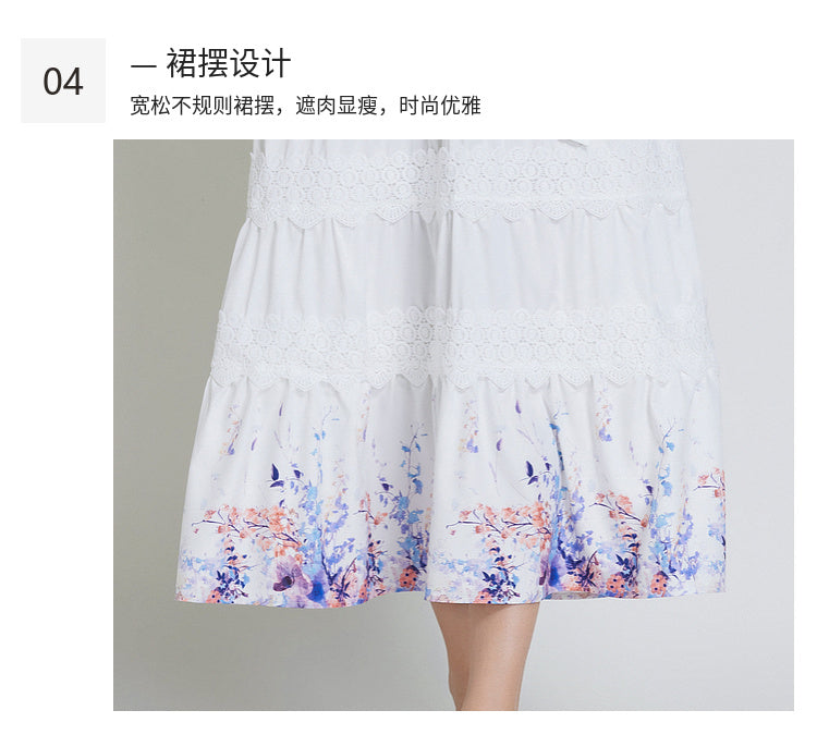 Original design fashionable bohemian lapel lace border lantern sleeves cinched waist long printed dress