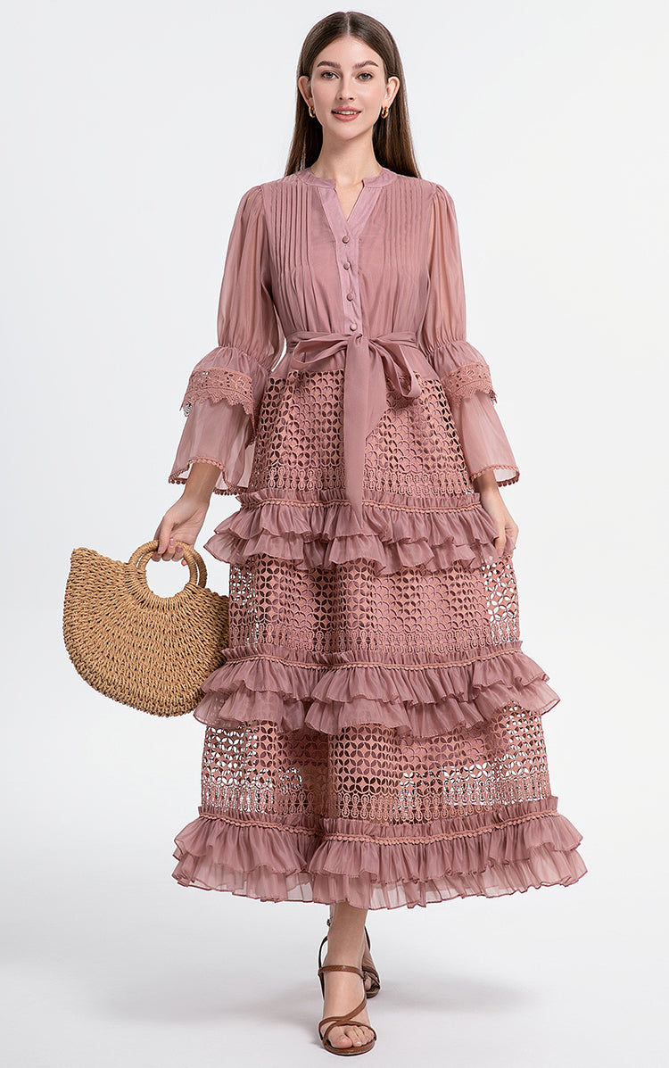 French retro court-style cut-out lace patchwork with fungus trim and flared sleeves at the waist