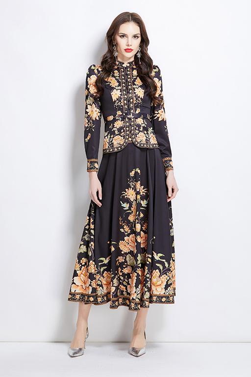 Original design for spring and summer ethnic style shirt top, mid length skirt set