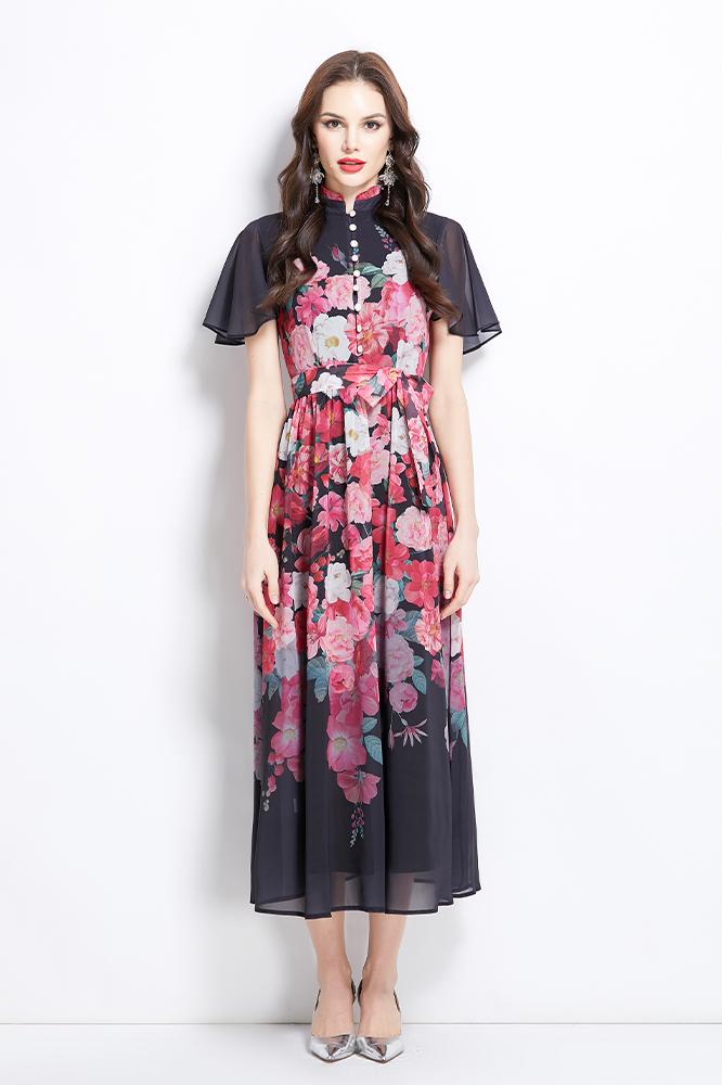 Original design for spring and summer small flying sleeves ruffled edges floral patterns colorful waist cinched stand up collar dress
