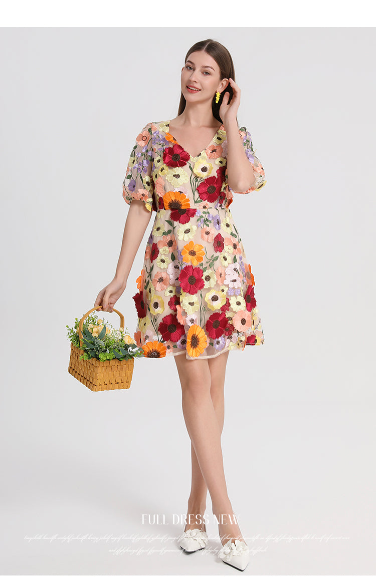 Meizhonggong boutique color handmade three-dimensional embroidered puff sleeve French pendulum dress