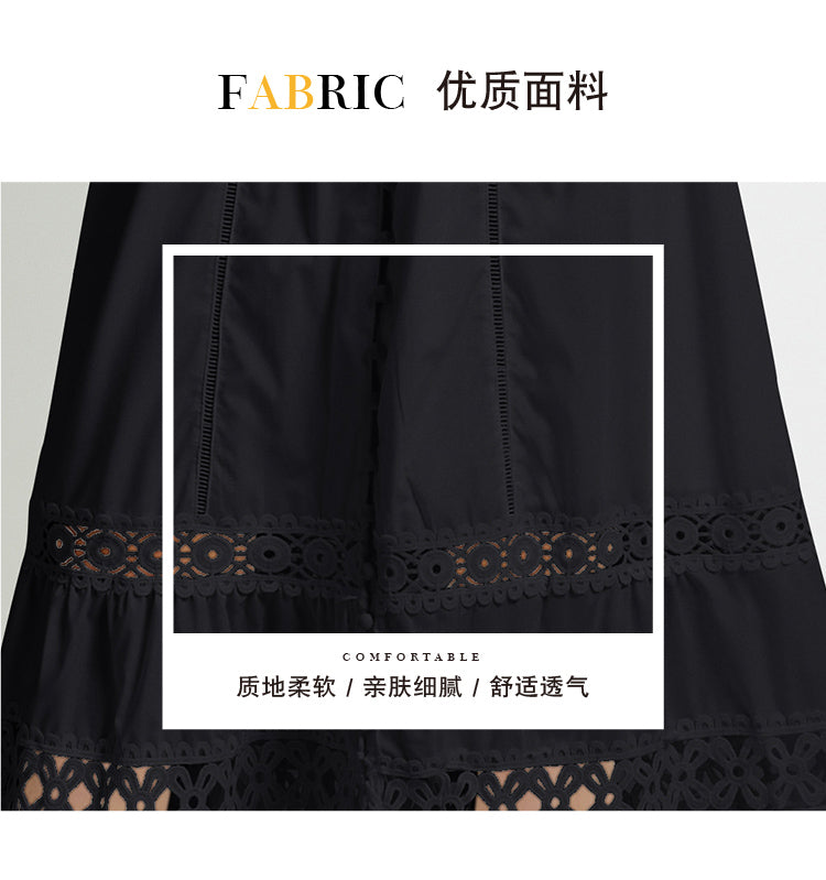 Original design fashionable temperament V-neck patchwork lace hollow out design sense long sleeved waist cinching dress
