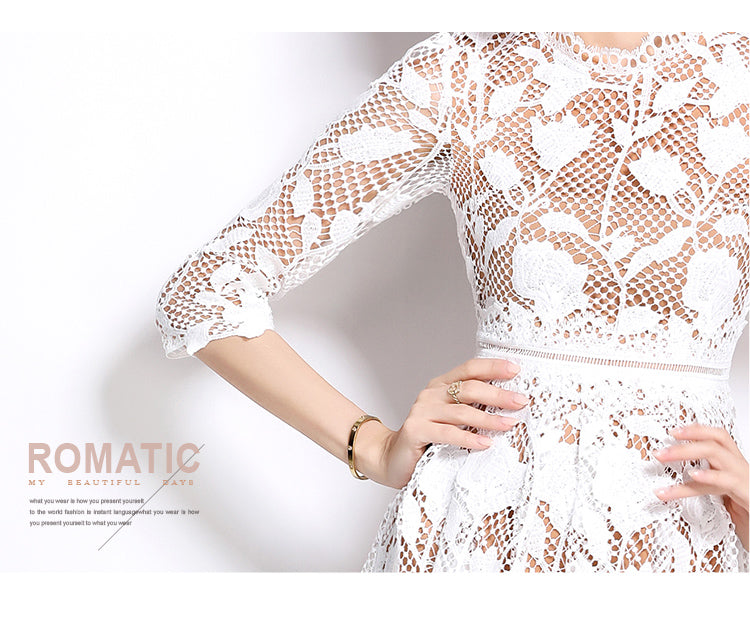Original design mid long sleeved high-end fashion, slimming and hollowed out water-soluble lace mid length dress