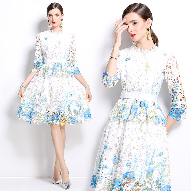 Original design mid long sleeved fashionable slimming hollow out water-soluble lace positioning mid length dress