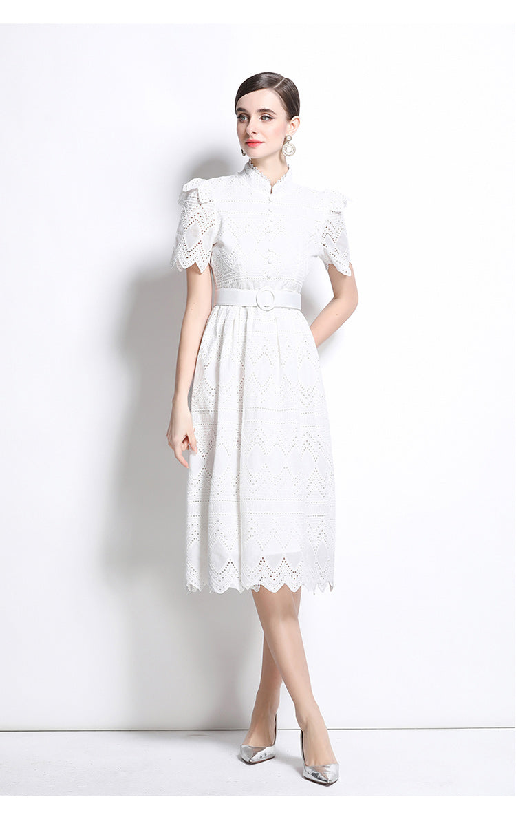 Original design elegant patchwork waist cinching short sleeved dress
