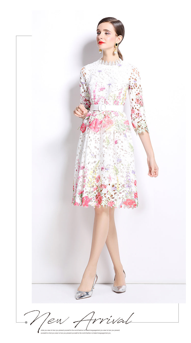 Original design mid long sleeved fashionable slimming hollow out water-soluble lace positioning mid length dress