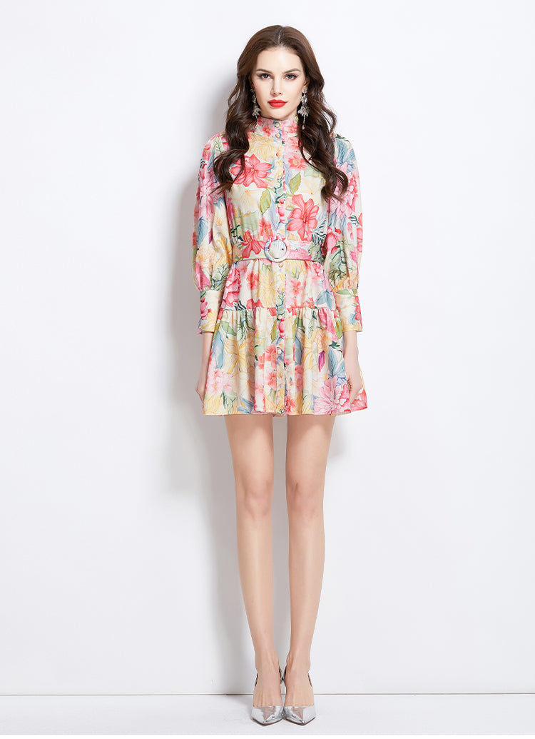 Original Design Spring/Summer Vacation New Watercolor Flower Printed Short Dress