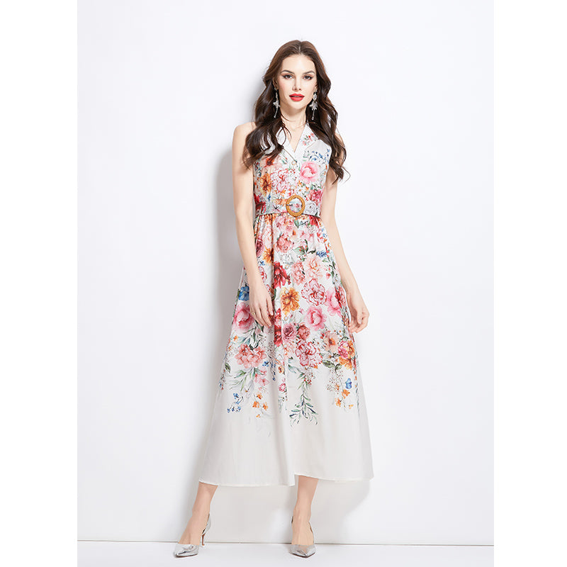Original design for spring and summer vacation, new floral oil painting style shirt style long dress