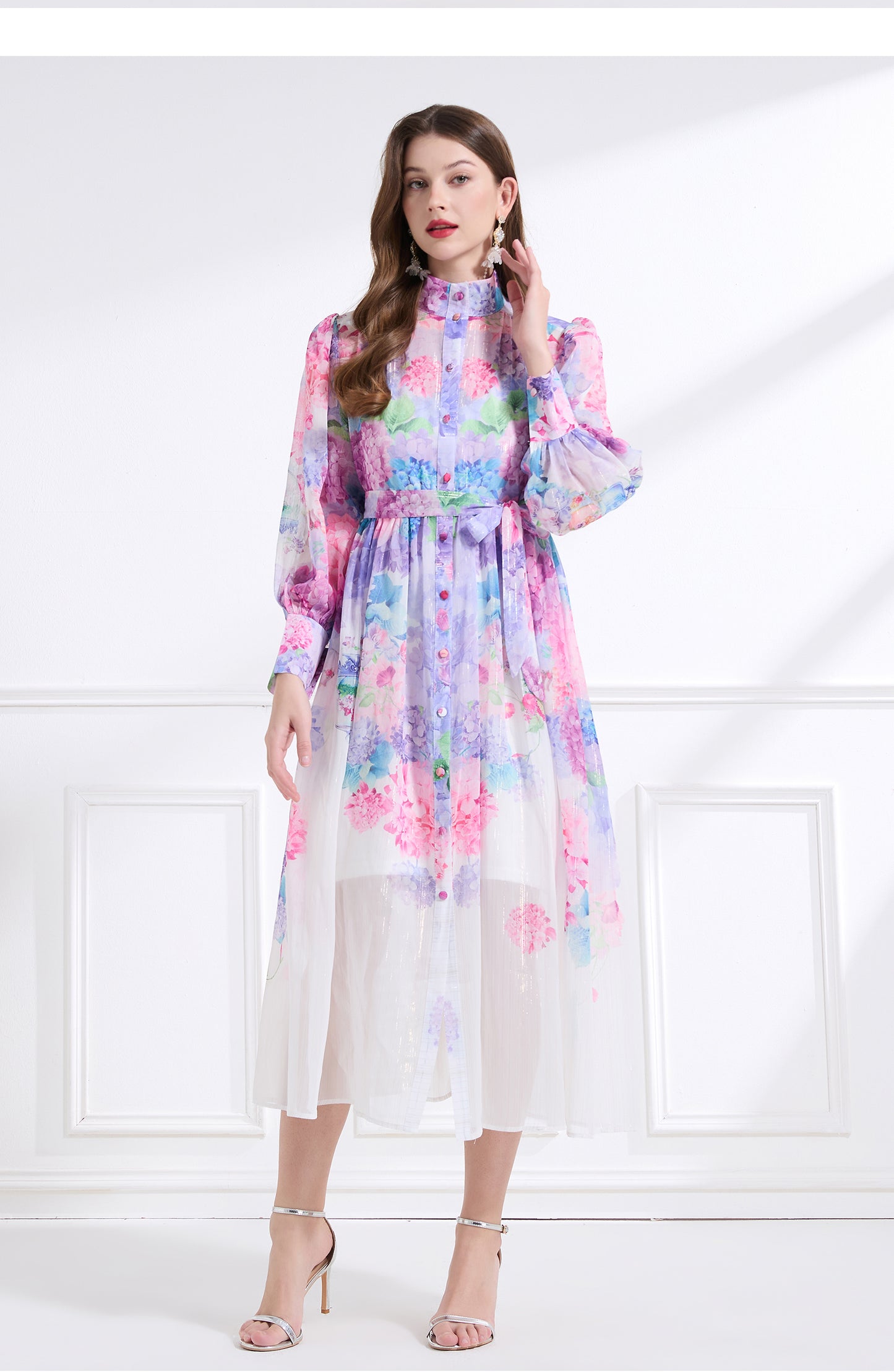 Original design - stand collar, watercolor, floral print, balloon sleeves, cinched waist, large skirt, ruffled skirt