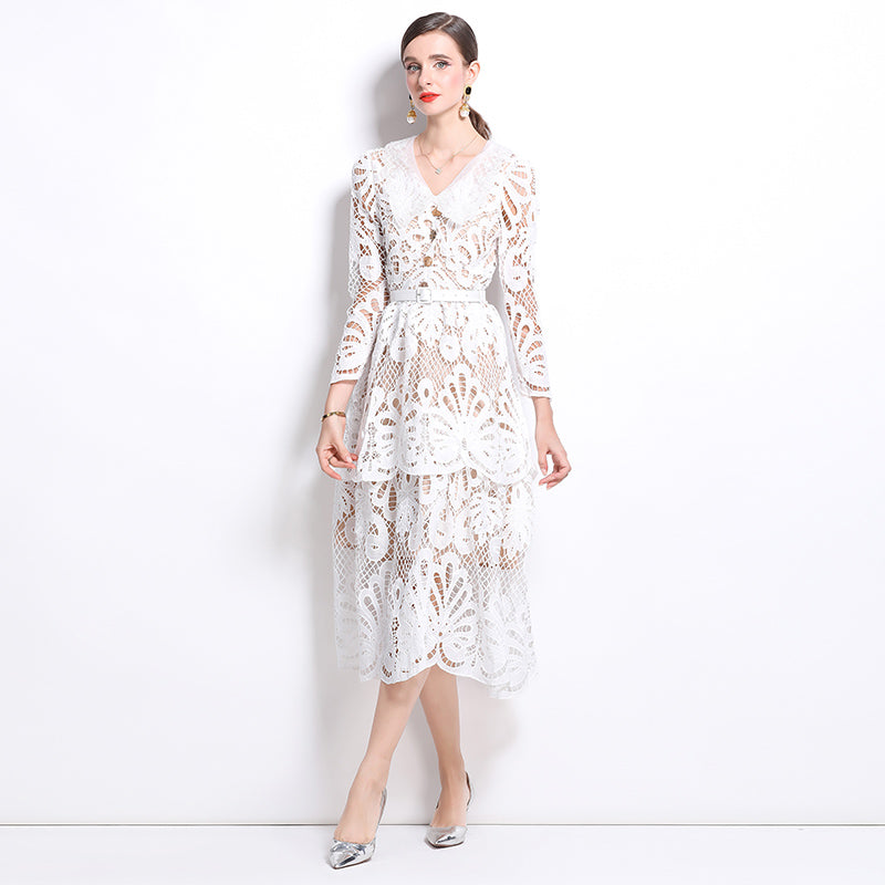 Original Design: Spring and Summer High End Water soluble Embroidered Medium length Skirt with V-neck and Waist cinching to Look Thin Dress