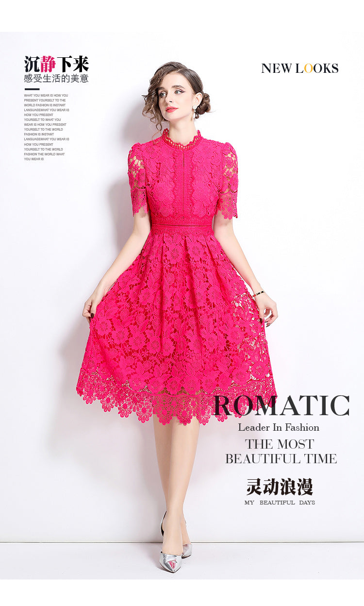 Original design short sleeved slimming hollow out water-soluble lace positioning mid length dress