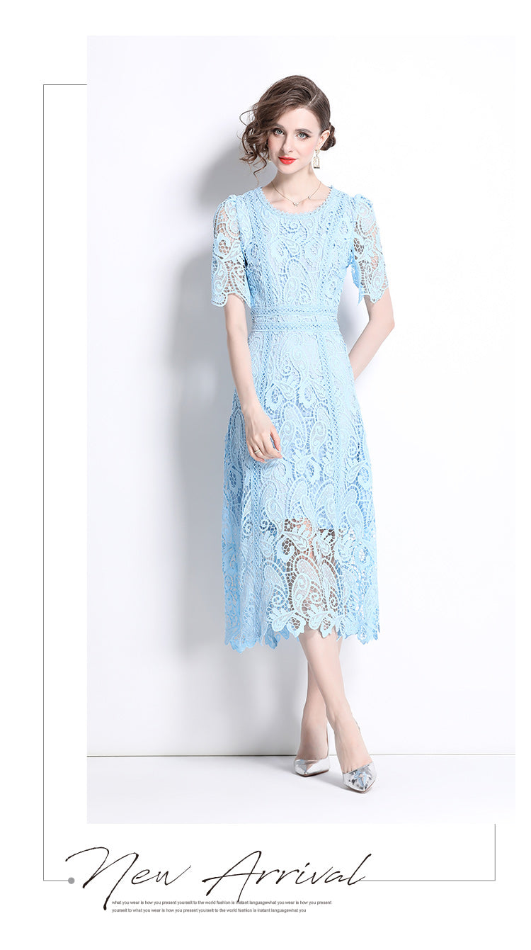 Original design temperament short sleeved skirt slim fit waist cinching heavy industry water-soluble lace dress for women