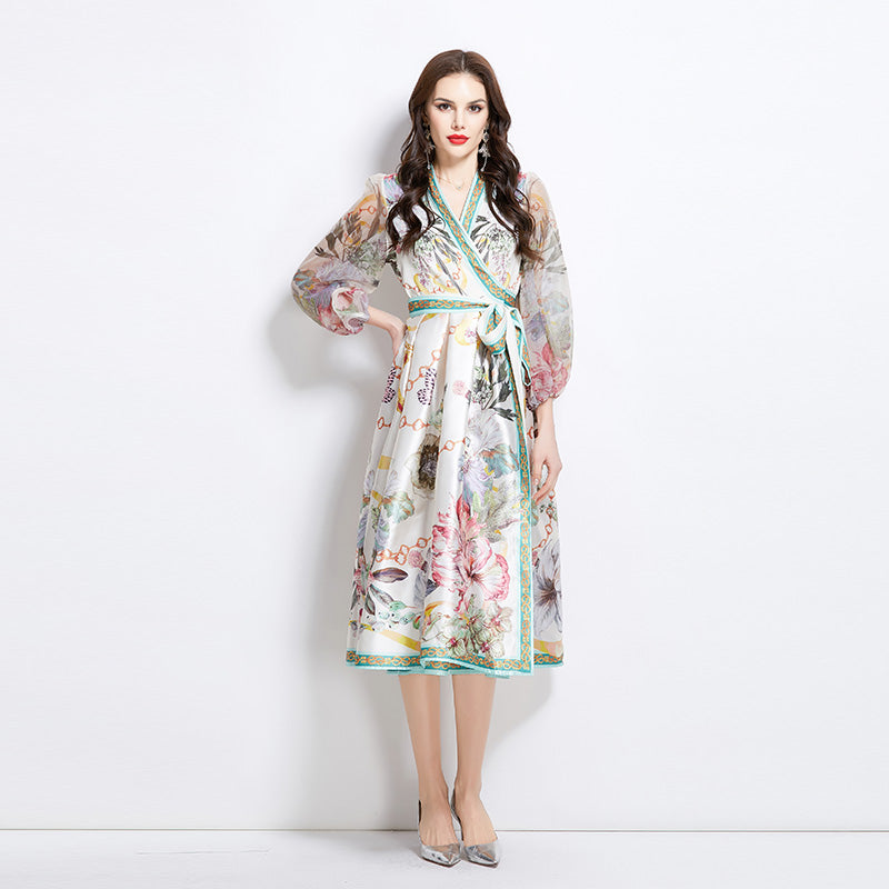 Original design for spring and summer V-neck ethnic style printed satin wrapped long length dress