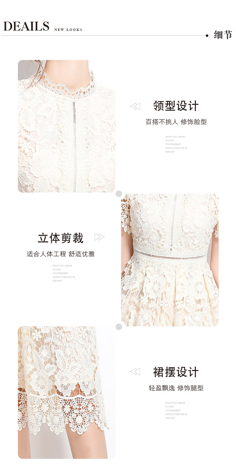 Original design short sleeved slimming hollow out water-soluble lace positioning mid length dress