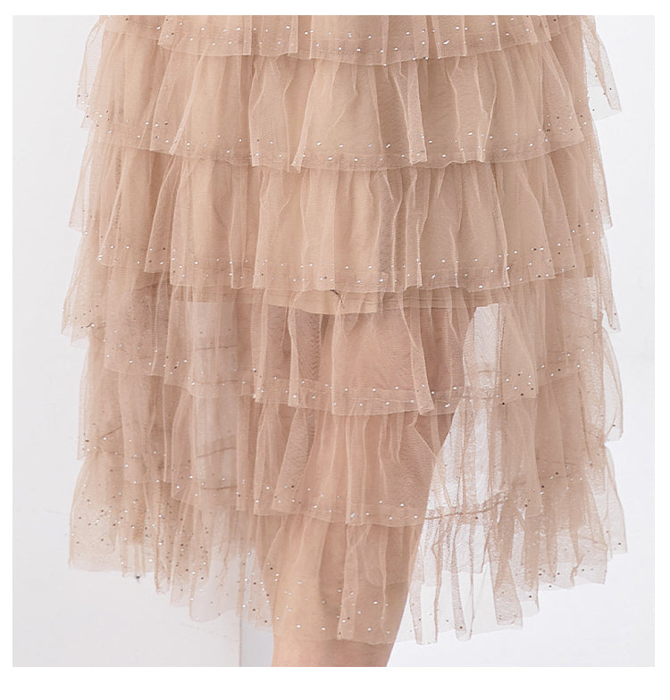 Original design exquisite mesh cake skirt patchwork suit dress temperament fake 2pieces