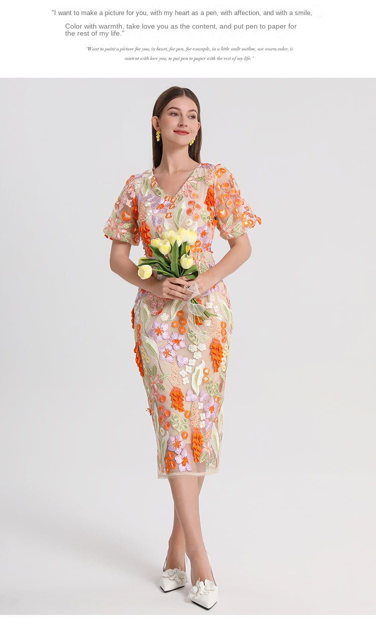 Original Design Handmade Three Dimensional Wheat Sprout Embroidered French Style Dress