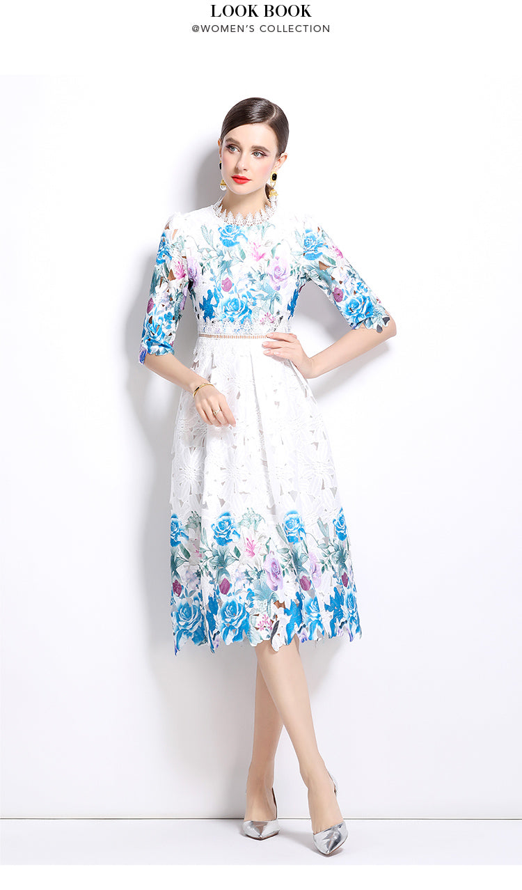 Original design mid long sleeved fashionable slimming hollow out water-soluble lace positioning mid length dress