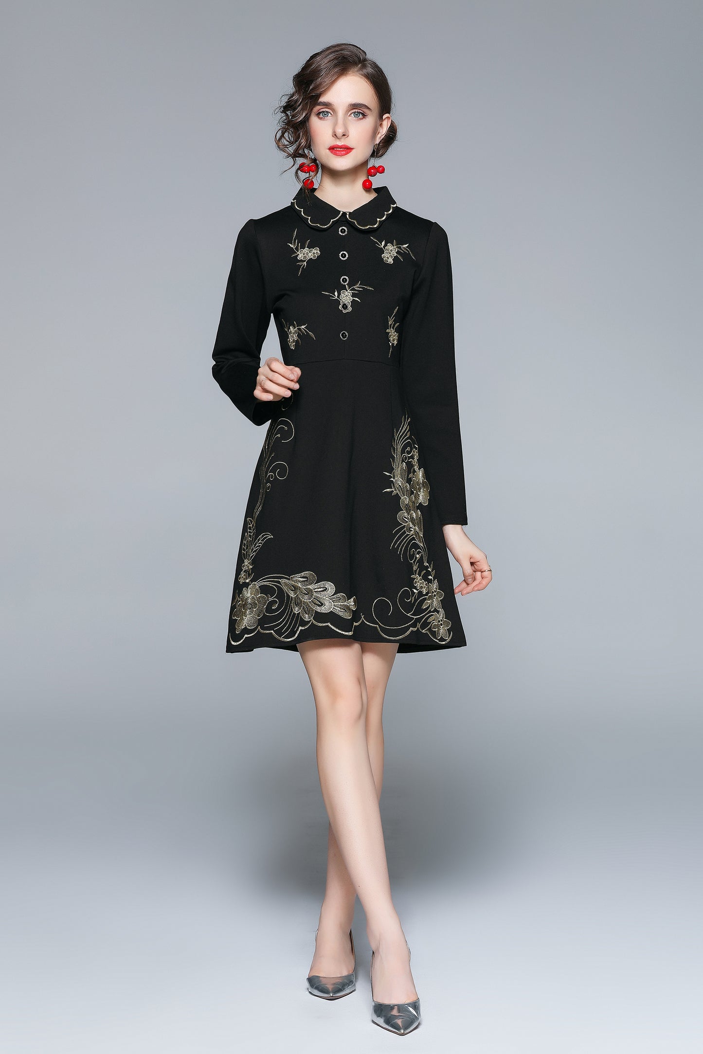 Original design exquisite temperament lapel single breasted heavy embroidery waist slimming autumn and winter dress