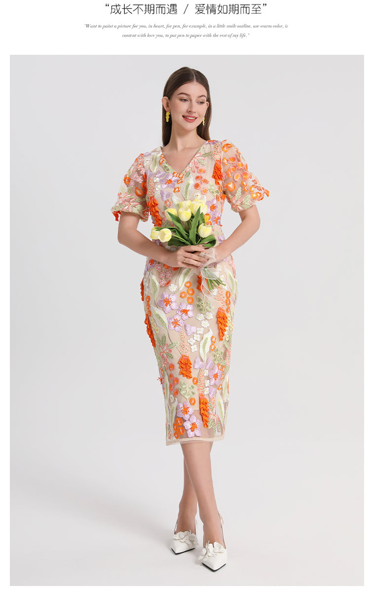 Artwork boutique handmade three-dimensional wheat ear embroidered French temperament dress