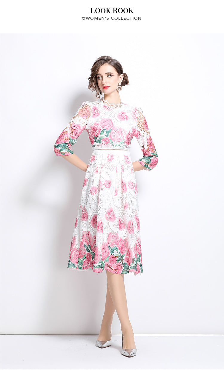 Original design mid long sleeved fashionable slimming hollow out water-soluble lace positioning mid length dress