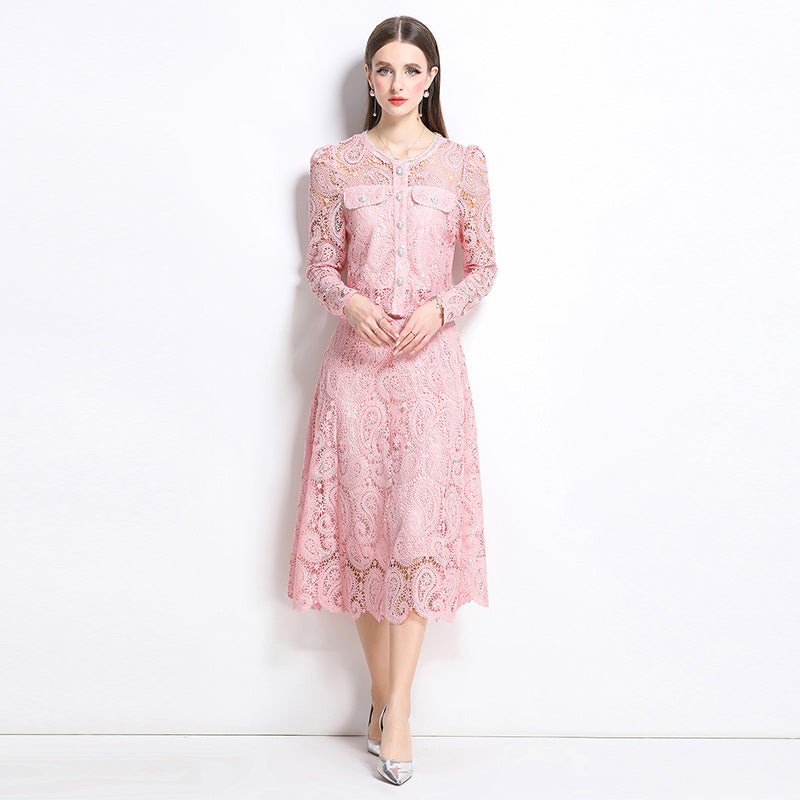 Original design for spring and summer small fragrance style set light luxury and high-end water-soluble lace skirt two-piece set