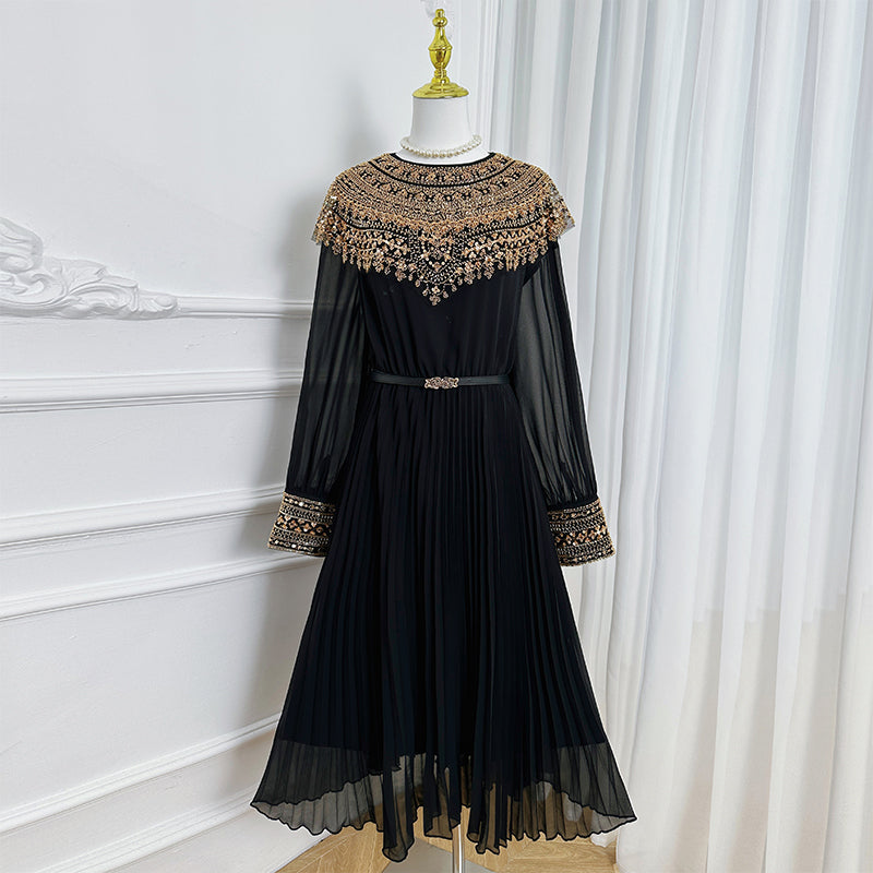 Original design premium pleated belt with gold beaded sequins draped over a chiffon pleated jumpsuit