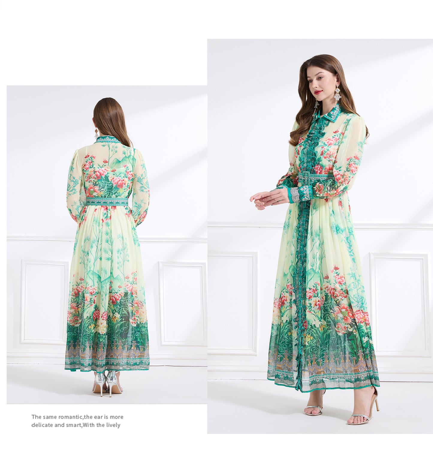 Original design - Spring/Summer, Autumn chiffon shirt collar print, long sleeves, cinched waist, ruffled maxi skirt
