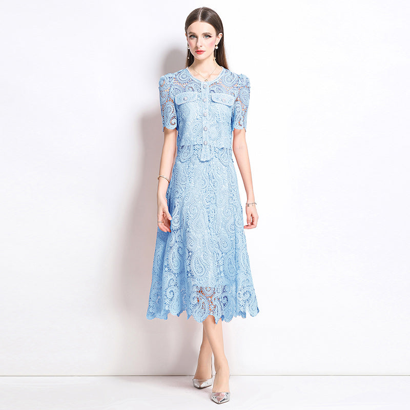 Original design for spring and summer small fragrance style set light luxury and high-end water-soluble lace skirt two-piece set