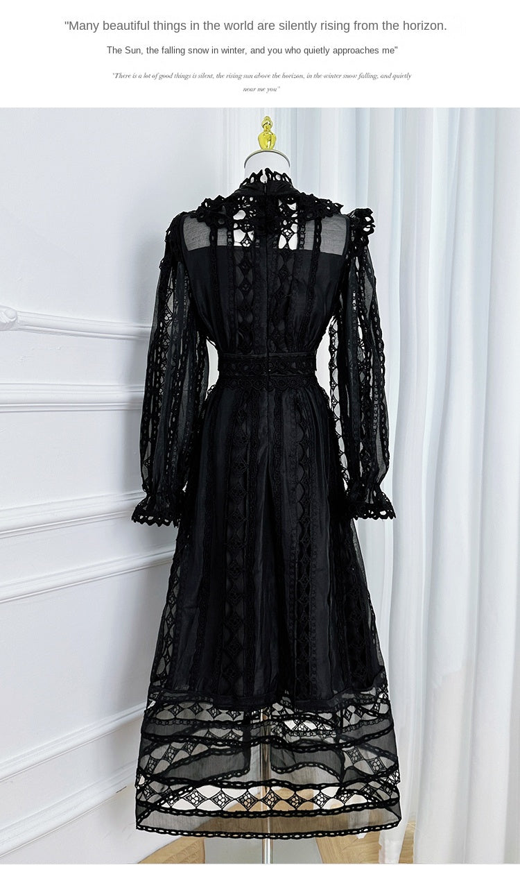 Original design graphic hollow embroidery solid color French long skirt with waist cinching temperament dress