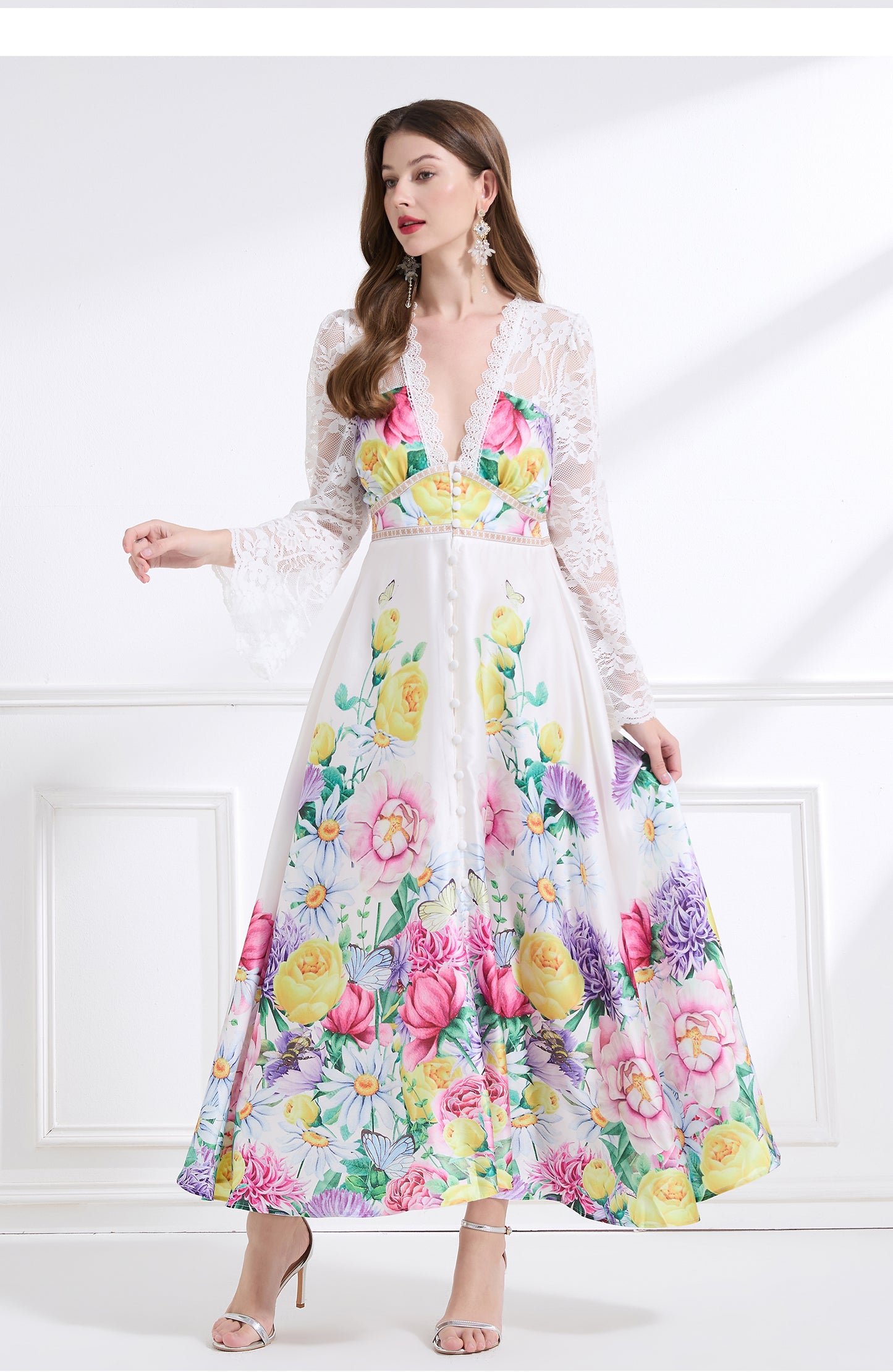 Original design - spring and summer resort style lace patchwork print waist maxi skirt ruffle dress