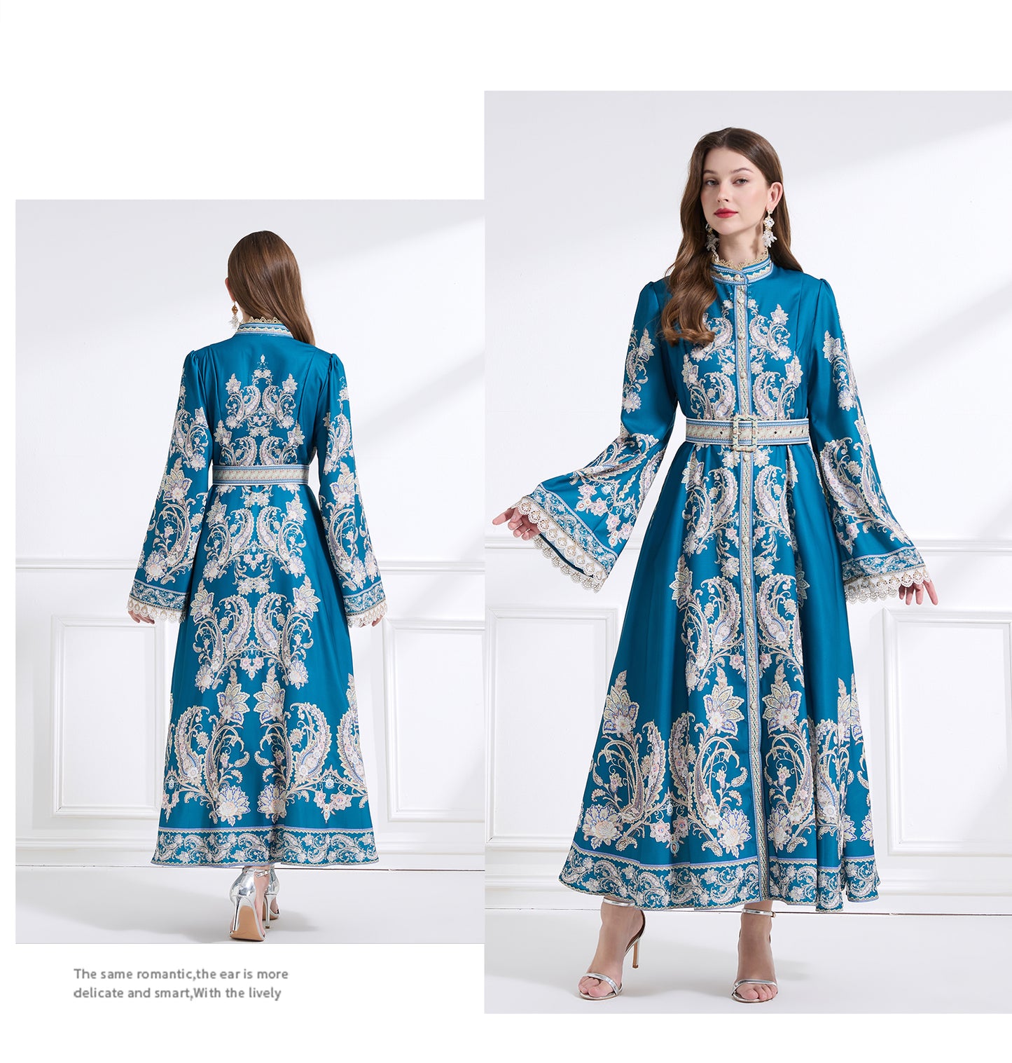Original design - court-style vintage stand-up collar lace print tunic with large hem waist
