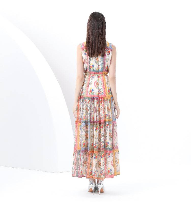 Original design: Spring, Summer, Autumn, vintage style, stand collar, sleeveless, wavy edge, long printed dress 2-piece set