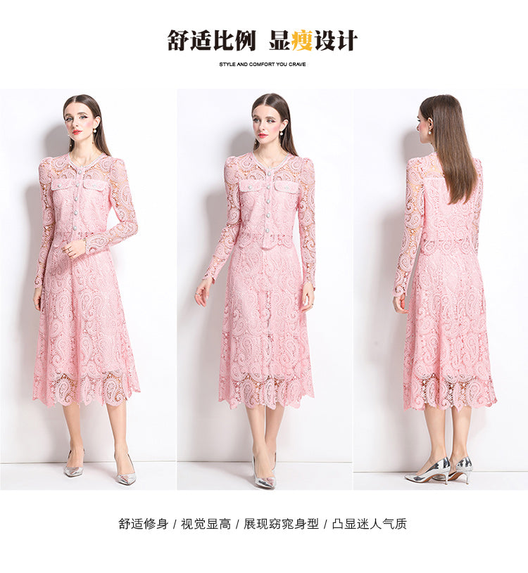 Original design for spring and summer small fragrance style set light luxury and high-end water-soluble lace skirt two-piece set
