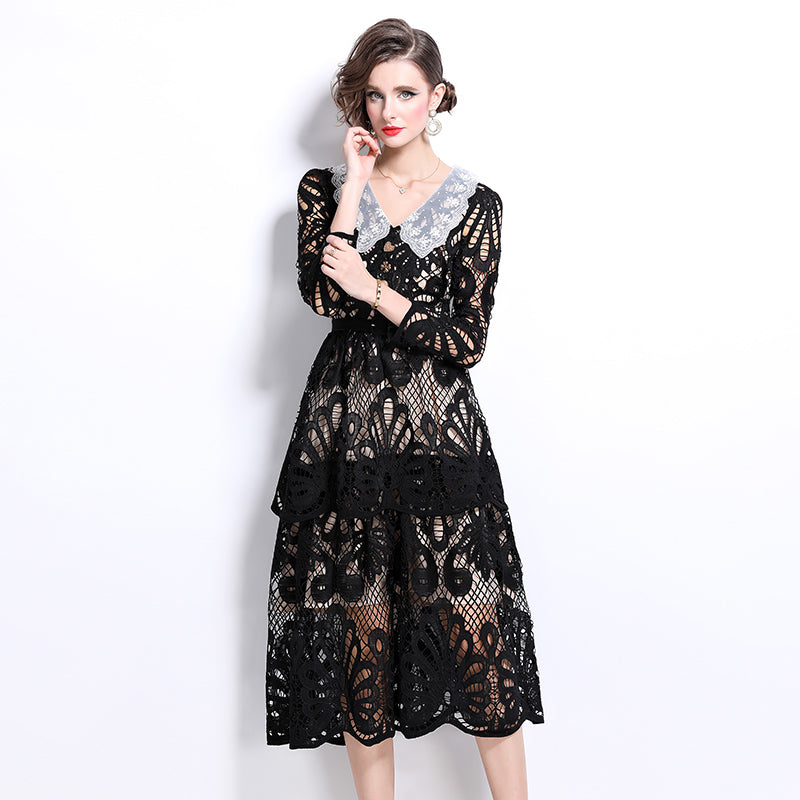 Original Design: Spring and Summer High End Water soluble Embroidered Medium length Skirt with V-neck and Waist cinching to Look Thin Dress