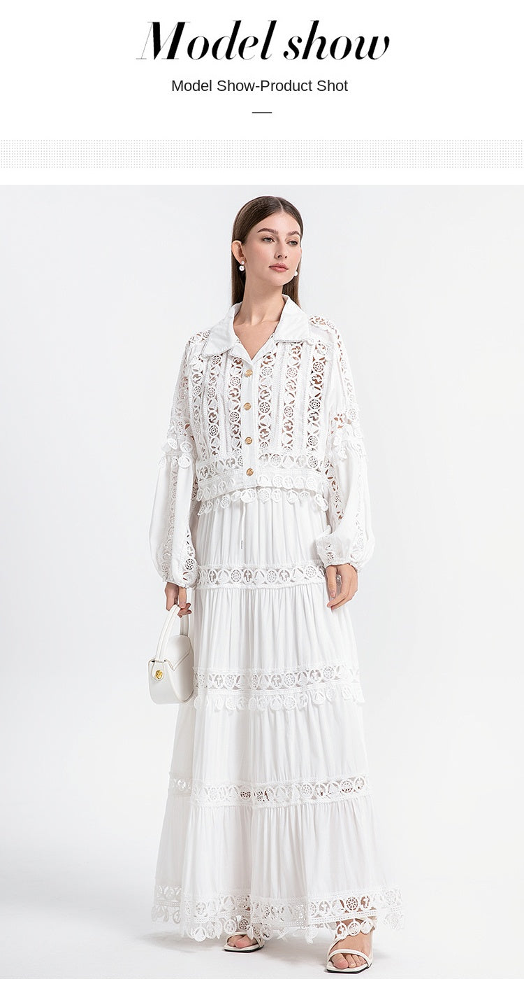 Meizhonggong boutique cut-out lapel lace stitched pendant lace maxi skirt set