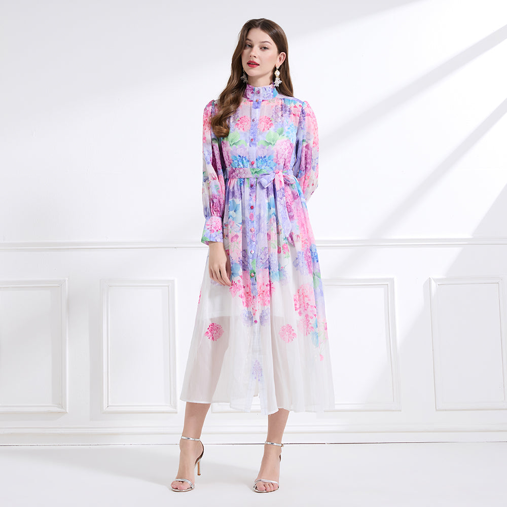 Original design - stand collar, watercolor, floral print, balloon sleeves, cinched waist, large skirt, ruffled skirt