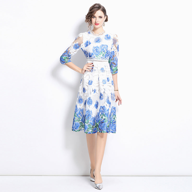 Original design mid long sleeved fashionable slimming hollow out water-soluble lace positioning mid length dress