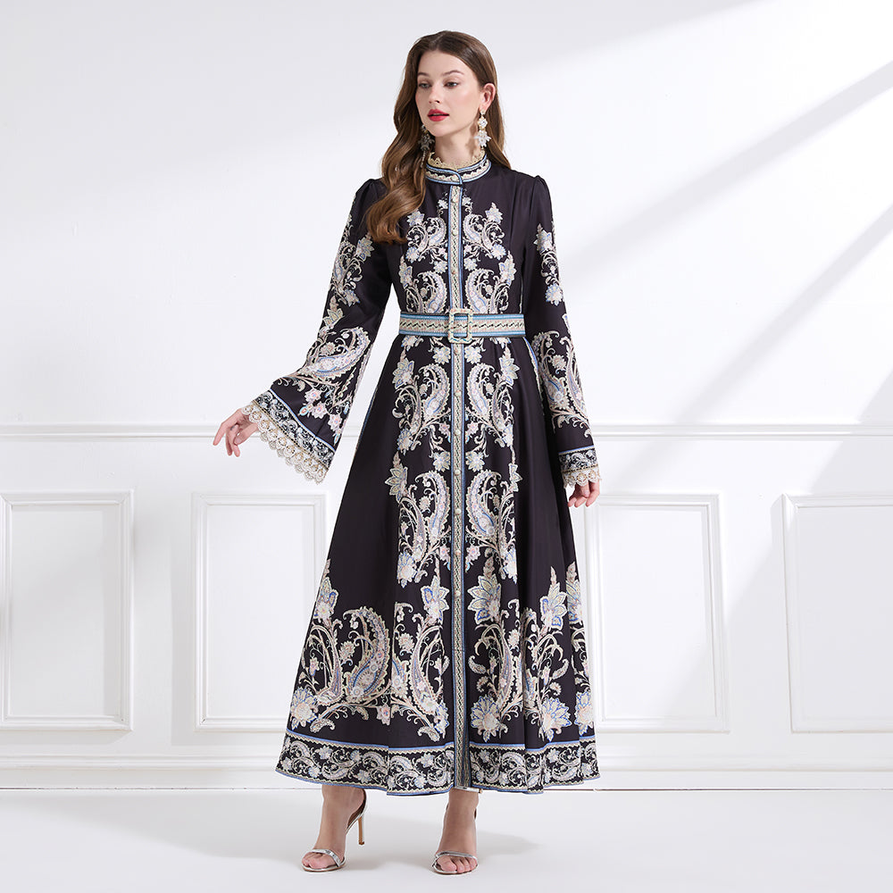 Original design - a court-style retro stand-up collar lace print tunic with a large hem waist