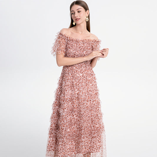 Beautiful French leopard print puff sleeve one-shoulder mesh temperament dress