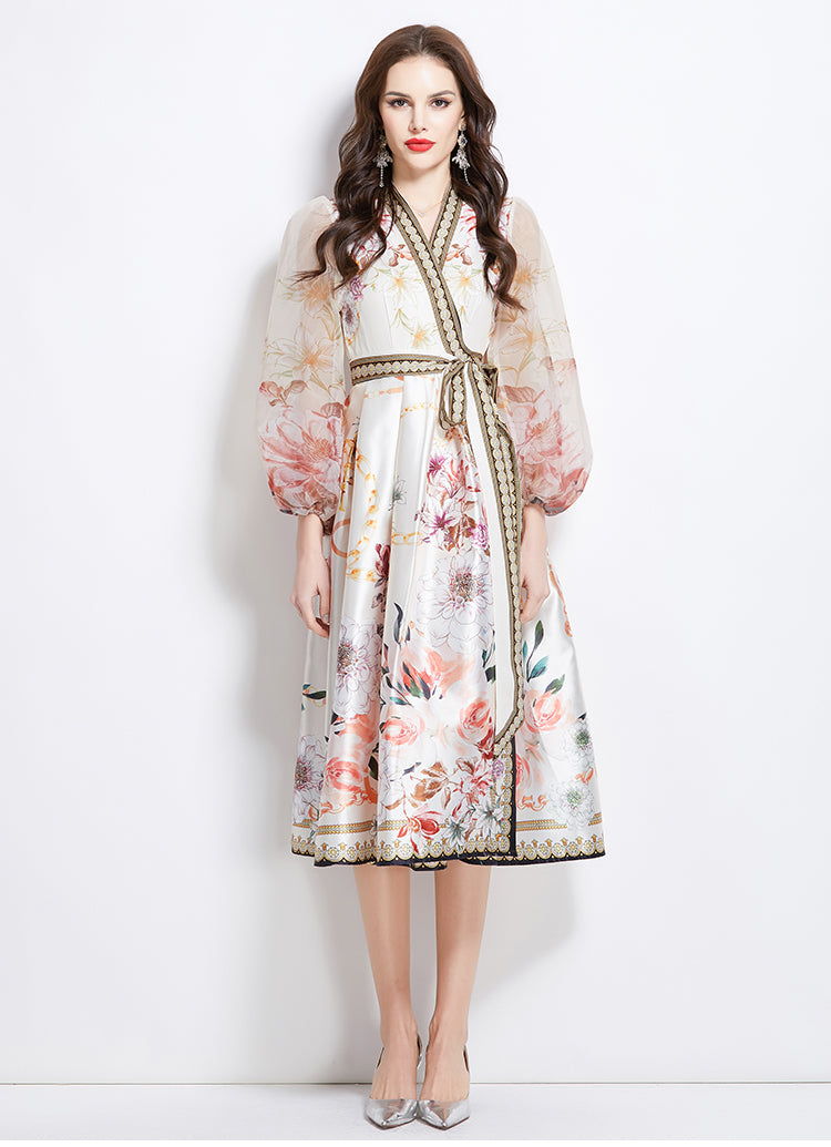 Original design for spring and summer V-neck ethnic style printed satin wrapped long length dress