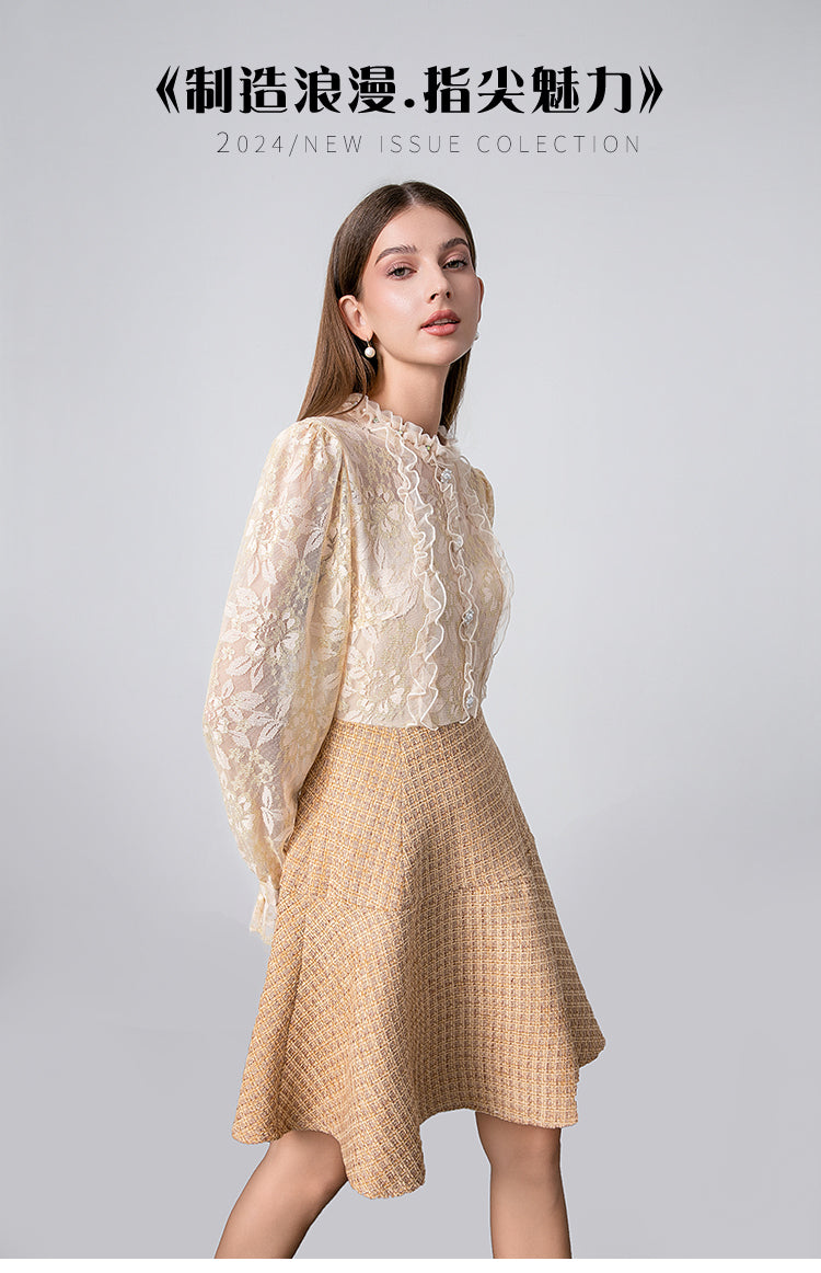 Original Design Heavy Industry Boutique Lace Splicing Coarse tweed Temperament Fake Two Small Fragrant Nail Bead Dresses
