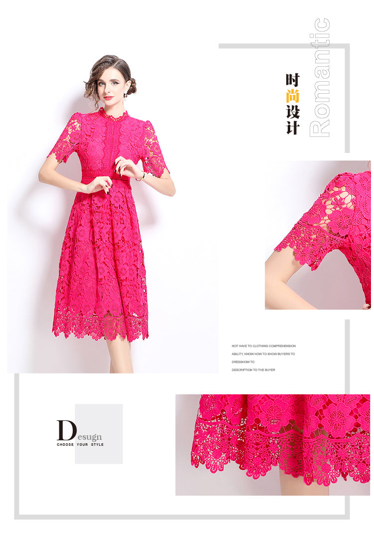 Original design short sleeved slimming hollow out water-soluble lace positioning mid length dress