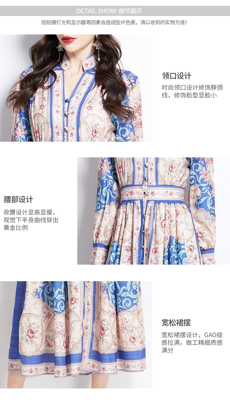 Original Design Spring/Summer Classical Palace Style Printed Bouquet Waist Single breasted Long Dress