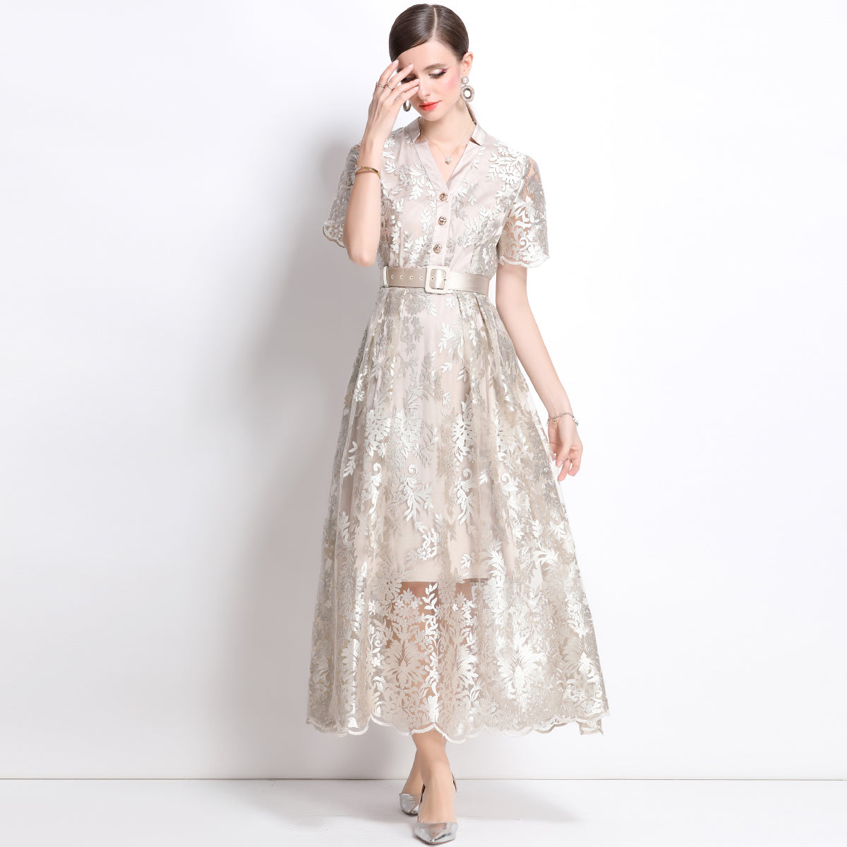Original design mesh embroidered long dress with pockets, V-neck slim fit dress and belt