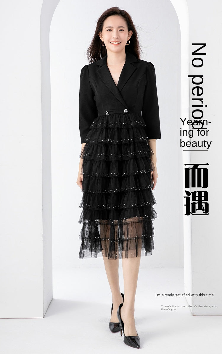 Original design exquisite mesh cake skirt patchwork suit dress temperament fake 2pieces