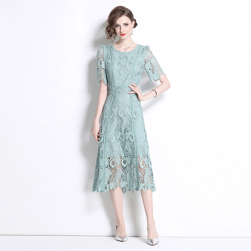 Original design temperament short sleeved skirt slim fit waist cinching heavy industry water-soluble lace dress for women