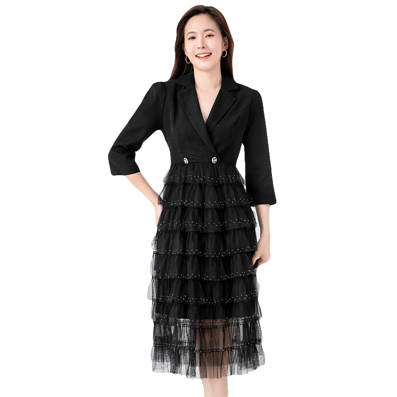 Original design exquisite mesh cake skirt patchwork suit dress temperament fake 2pieces