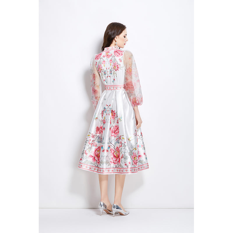 Original Design Spring/Summer V-neck Ethnic Style Printed Satin Wrapped Long Dress