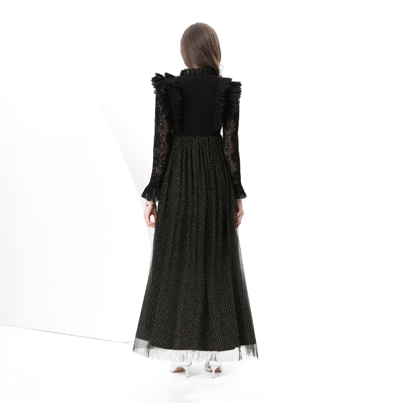 Original design: Spring, Summer, Autumn, resort style, embroidered lace, V-neck, long sleeves, lace and mesh maxi dress