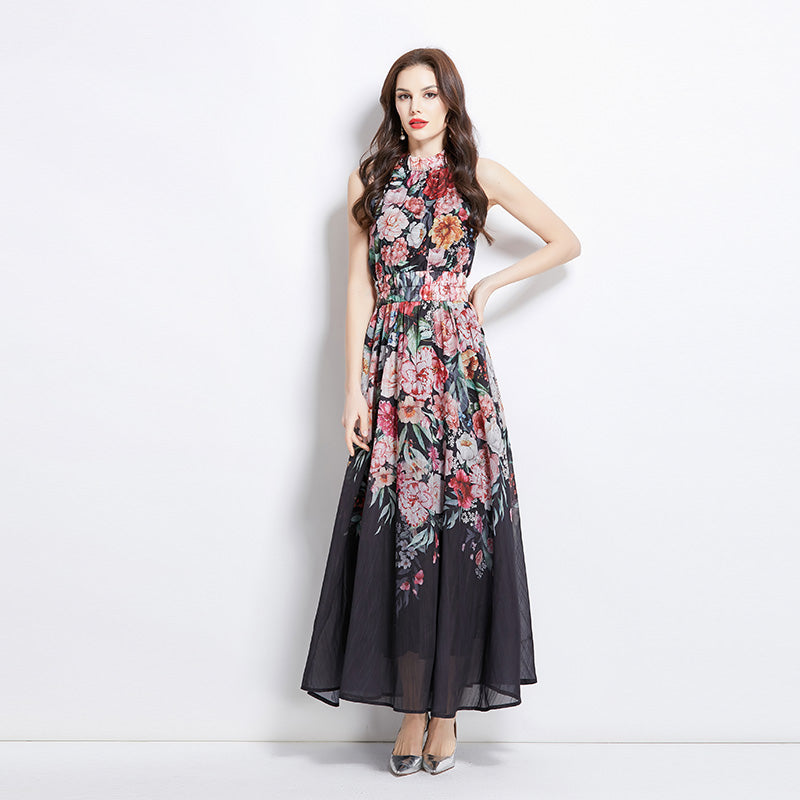 Original Design Spring/Summer Vacation New Oil Painting Flower Printed Hanging Neck Long Dress